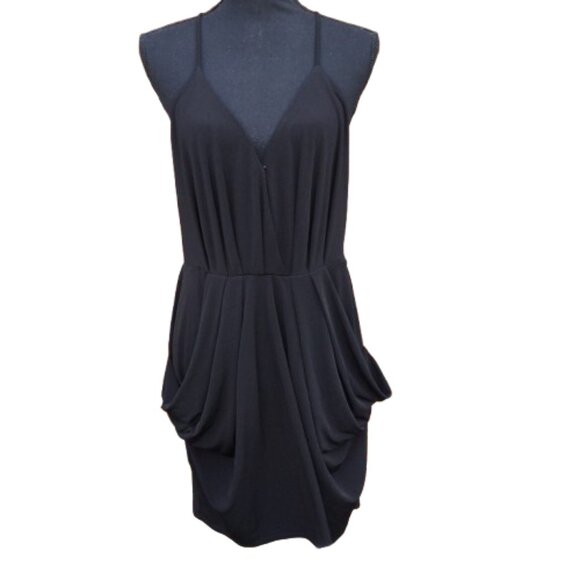 BCBG Party Cocktail Dress Large Black Draped Front Pockets Flirty LBD - Picture 1 of 11